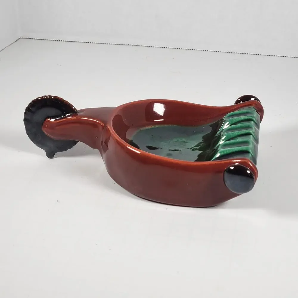Vintage Green and Brown Spur Ashtray with Handle, Mid-Century Modern Farmhouse